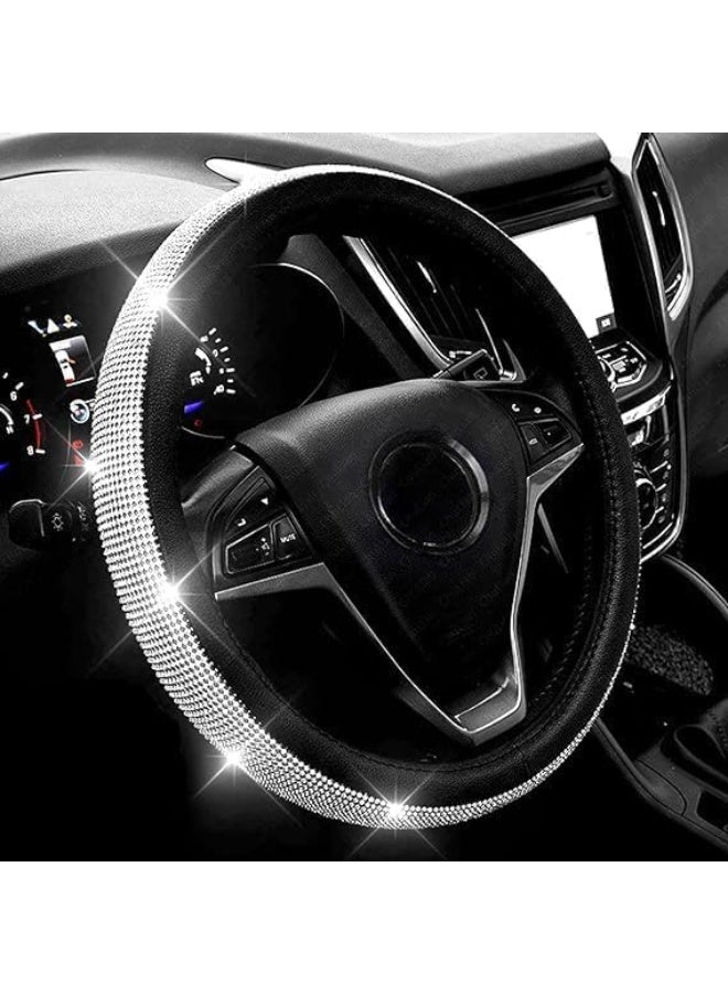 غطاء عجلة القيادة من الجلد الماسي الجديد مع احجار الراين الكريستالية اللامعة، مقاس عالمي 15 انش، واقي عجلة السيارة للنساء والفتيات، اسود/فضي - - Image 2