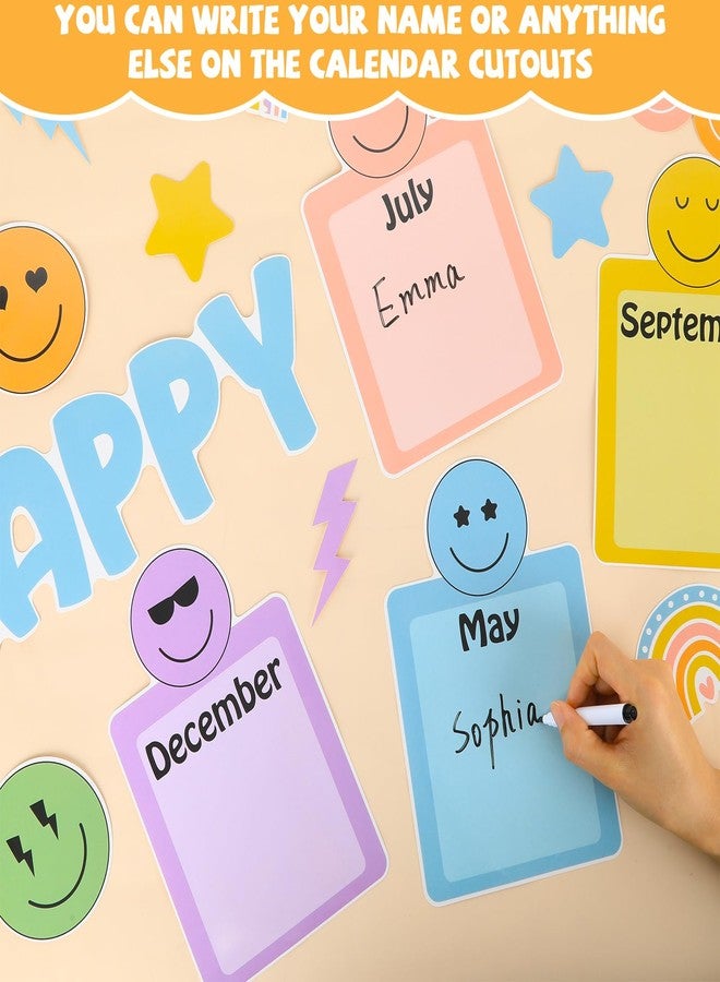 Lonfliness مجموعة لوحة إعلانات عيد ميلاد سعيد، تقويمات عيد ميلاد بوهيمية بوجه مبتسم، قصاصات ورقية ملونة بألوان قوس قزح، ملصقات وجوه سعيدة للعودة إلى المدرسة، زينة صفية لغرف الأطفال، سبورة، جدار، باب - Image 4