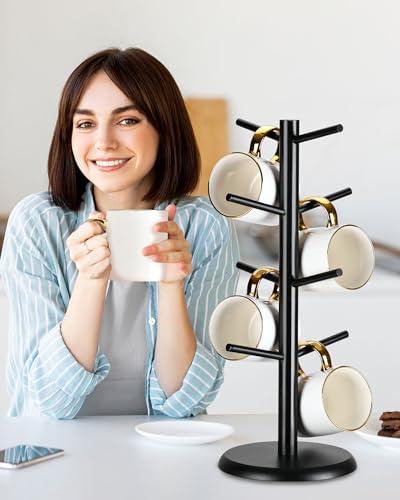 Lorbro Coffee Mug Tree with 8 Hooks, Mug Tree Stand, Wooden Coffee Cup Holder, Countertop Mug Tree, Mug Stand Kitchen Organizer, Cafe Accessories Decor & Kitchen Organizer Storage Stand (Black) - Image 3
