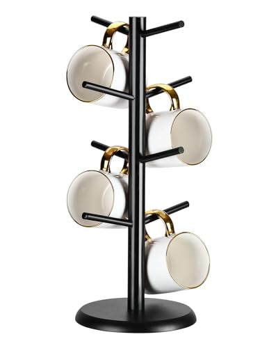 Lorbro Coffee Mug Tree with 8 Hooks, Mug Tree Stand, Wooden Coffee Cup Holder, Countertop Mug Tree, Mug Stand Kitchen Organizer, Cafe Accessories Decor & Kitchen Organizer Storage Stand (Black) - Image 1