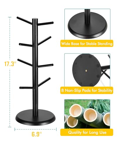 Lorbro Coffee Mug Tree with 8 Hooks, Mug Tree Stand, Wooden Coffee Cup Holder, Countertop Mug Tree, Mug Stand Kitchen Organizer, Cafe Accessories Decor & Kitchen Organizer Storage Stand (Black) - Image 5