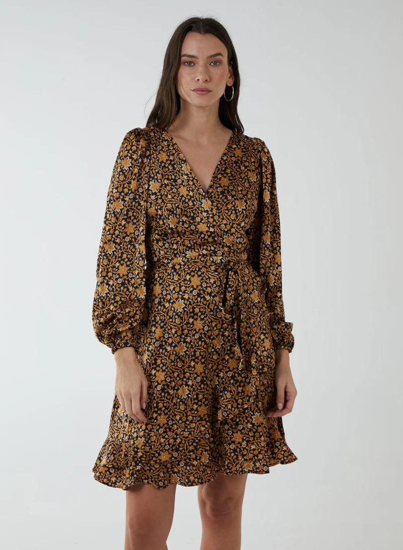 Blue Vanilla Ruffle Fixed Wrap Tie Dress