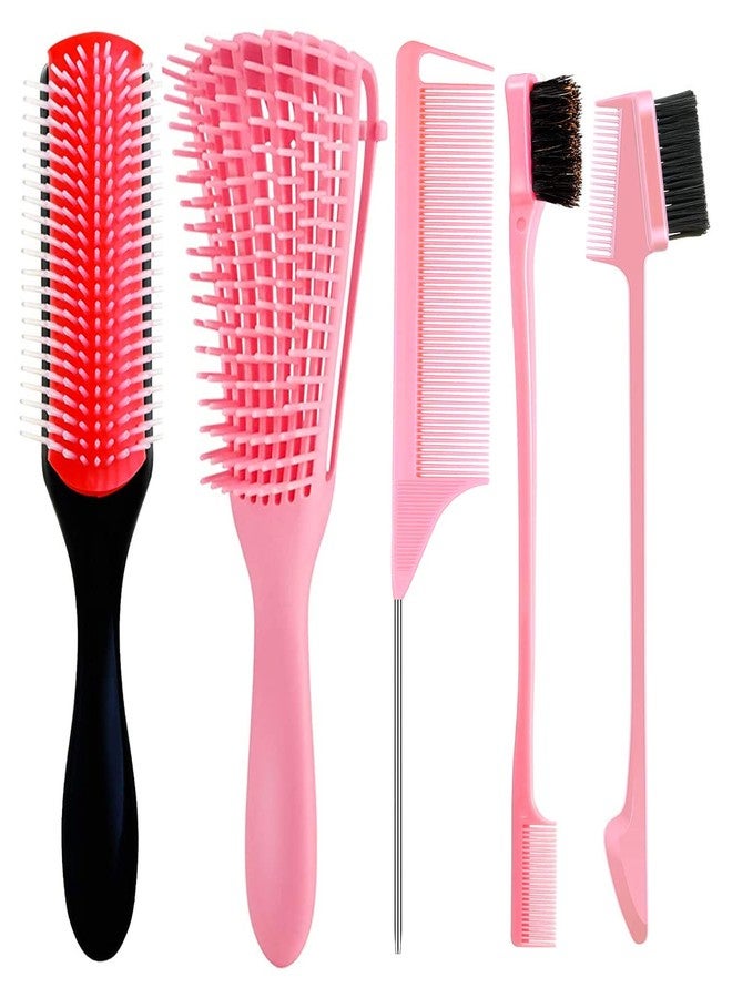 WEXNECOWKZ 5 Pieces Detangling Brush Set 9-Row Cushion Nylon Bristle Styling Brushes, Rattail Comb Cutting Comb Set for African Hair Textured Kinky Wavy/Curly/Coily/Wet/Dry/Oil/Thick/Long Hair - Image 1