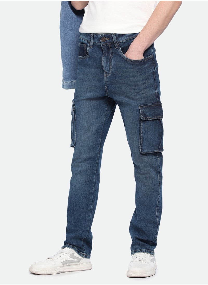 Dennis Lingo Men's Mid Blue Denim Solid Pattern Full Length Straight Fit Jeans  - Image 1