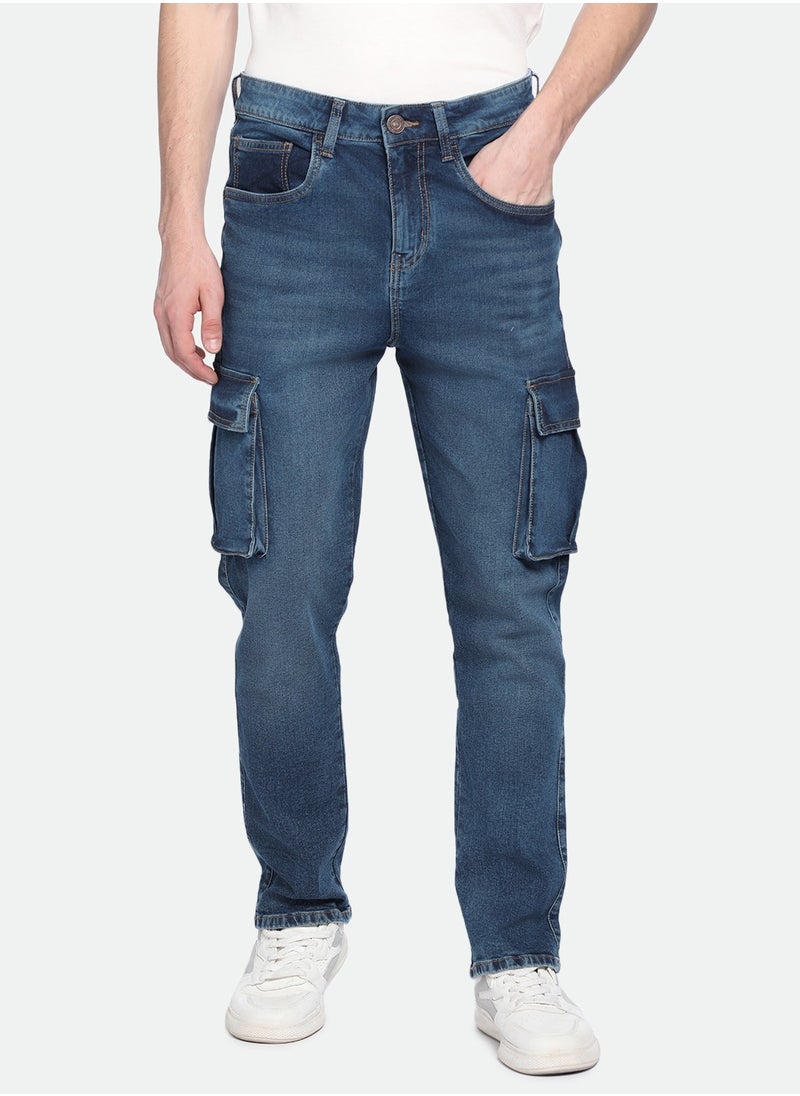 Dennis Lingo Men's Mid Blue Denim Solid Pattern Full Length Straight Fit Jeans  - Image 2