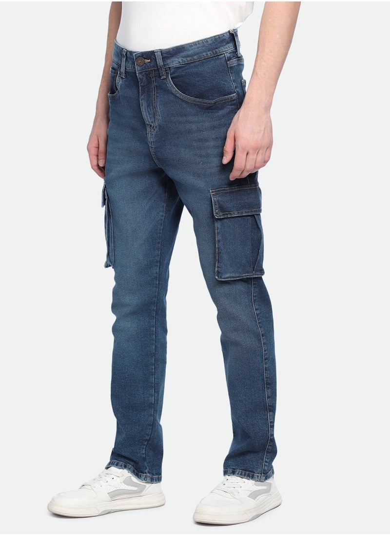 Dennis Lingo Men's Mid Blue Denim Solid Pattern Full Length Straight Fit Jeans  - Image 3