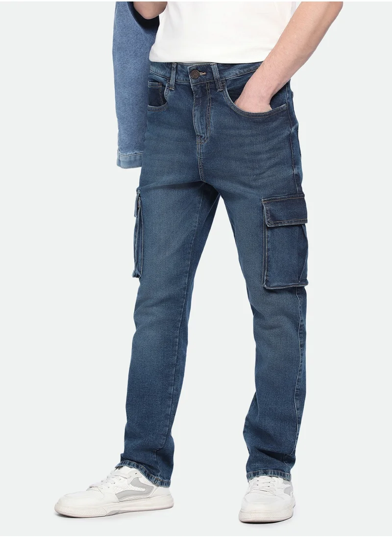 دينيس لينغو Mid Blue Straight Fit Jeans for Men - Denim 3/1 Twill, Solid, Mid Rise, Full Length, Button & Zip Closure, Casual