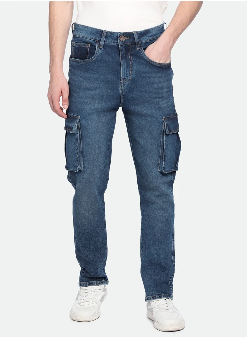 دينيس لينغو Mid Blue Straight Fit Jeans for Men - Denim 3/1 Twill, Solid, Mid Rise, Full Length, Button & Zip Closure, Casual