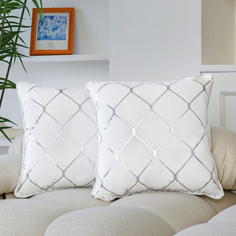 WACOMECO Silver Throw Pillow Covers Pack of 2 Soft Velvet Decorative Cushion Covers for Couch Sofa Home Decoration White 18x18 Inch