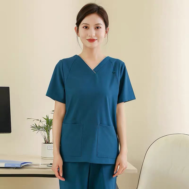 Quick-Drying Hand-Washing Clothes Surgical Clothes Elastic Womens Short-Sleeved Operating Room Nurse Work Clothes High-End Doctors Hand-Brushing Clothes Long-Sleeved Women's peacock blue short-sleeve suit 
