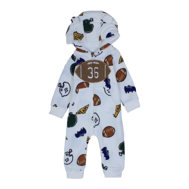 Cherries Baby Boys Hooded Footless Onesie – Off-White American Football Design - Image 1