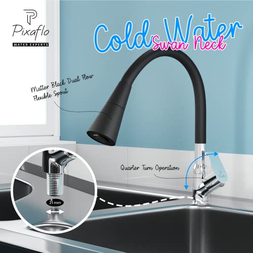 Pixaflo Brass Swan Neck Tap with 360-degree Swivel Black Flexible Silicone Swivel Spout for Kitchen Sink and Wash Basin, Dual Flow (Area) - Image 4