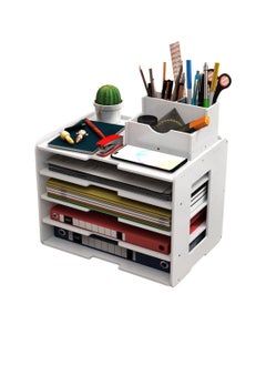 Kidle Office 5 Tiers File Paper Organizer for Desk Desktop White File Holder Office  Desk Organizer Storage Supplies Removable Shelves A4 File Frame Book Stand  - Image 1