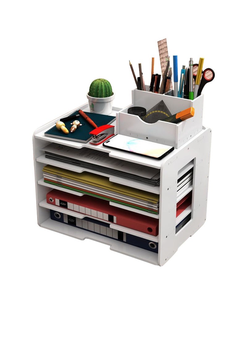 Kidle Office 5 Tiers File Paper Organizer for Desk Desktop White File Holder Office  Desk Organizer Storage Supplies Removable Shelves A4 File Frame Book Stand  - Image 1