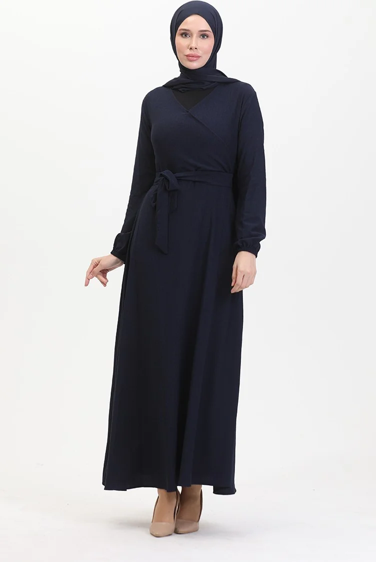 Sefa Merve Bürümcük Fabric Side Tie Dress 1033-03 Navy Blue