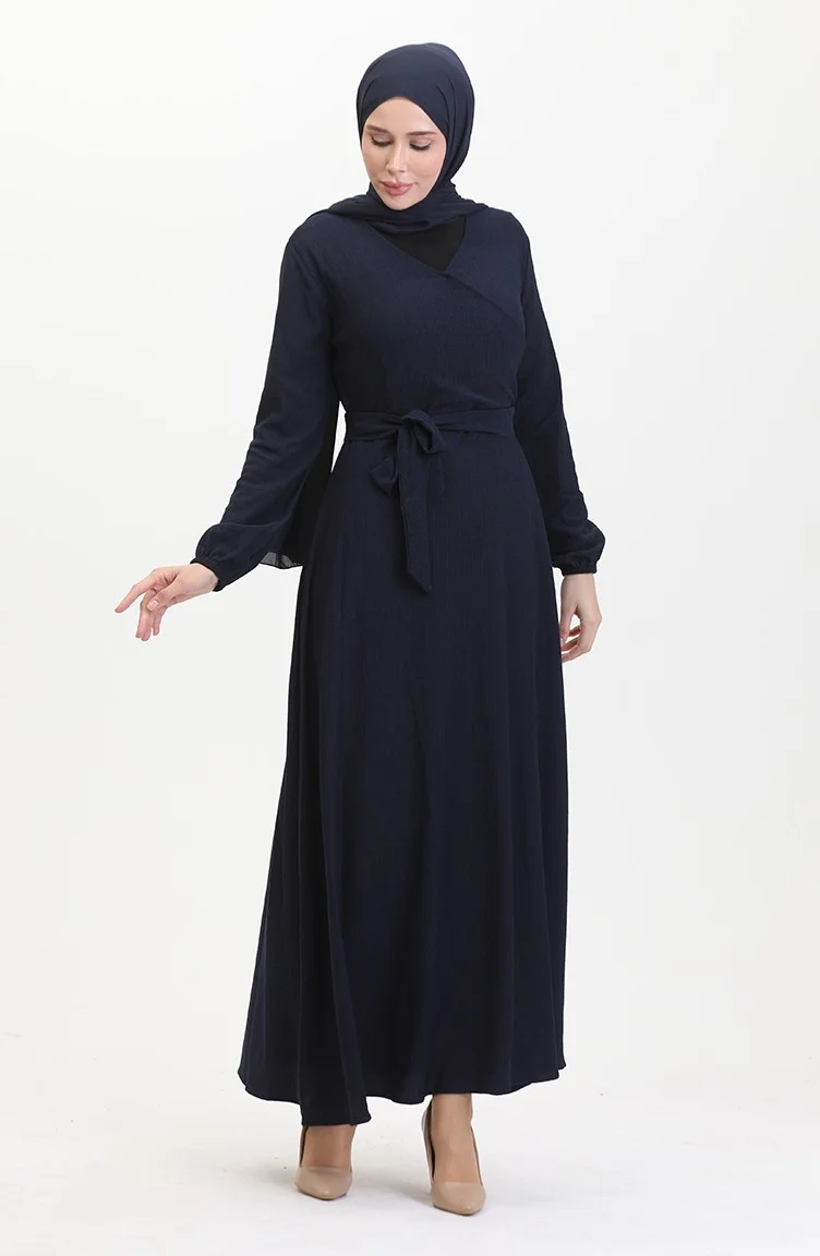 Sefa Merve Bürümcük Fabric Side Tie Dress 1033-03 Navy Blue