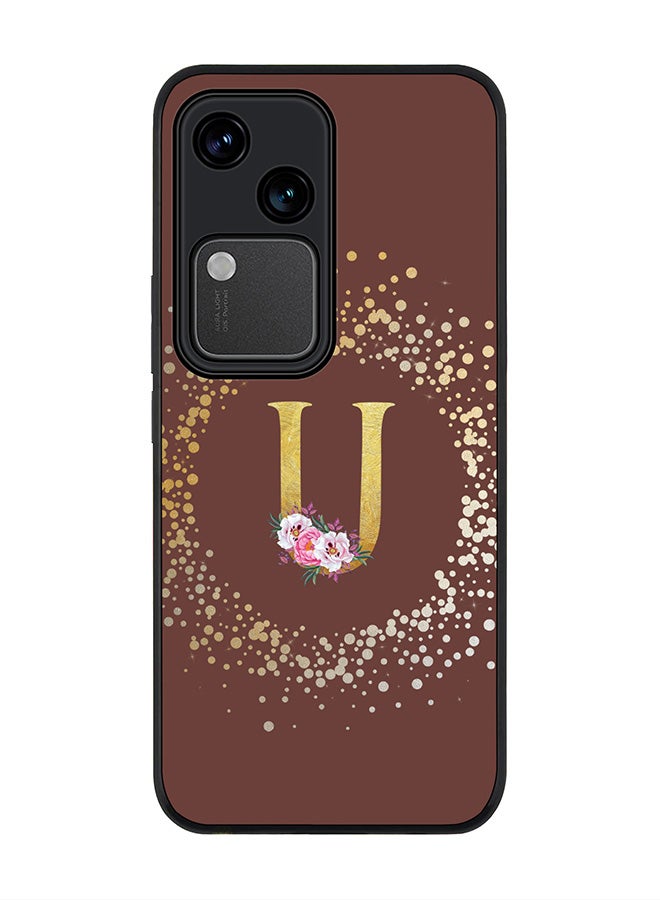 Stylizedd Rugged Black edge case for Vivo V30 5G, Slim fit Flexible Cover -  Custom Monogram Initial Letter Floral Pattern Alphabet - U  (Brown ) - Image 1