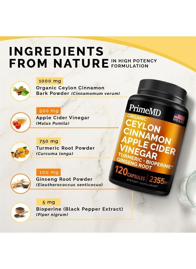 PrimeMD - 5-in-1 Ceylon Cinnamon Capsules 2355mg with Apple Cider Vinegar, Turmeric and Panax Ginseng Capsules - Cinnamon Supplements with Bioperine (120 Count(Pack of 1)) - Image 1