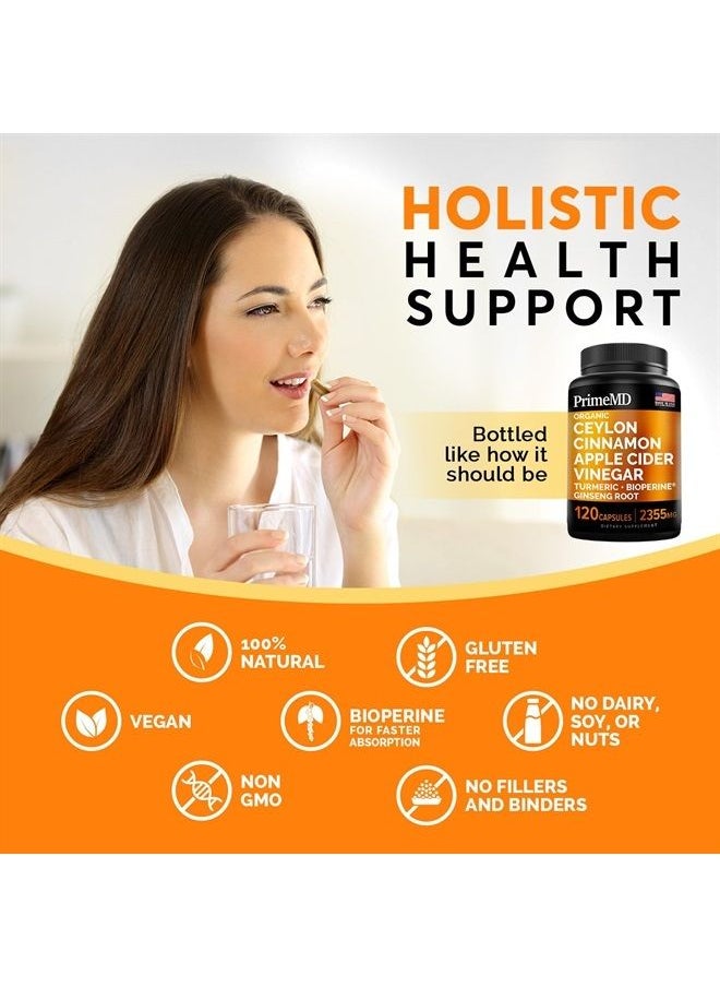 PrimeMD - 5-in-1 Ceylon Cinnamon Capsules 2355mg with Apple Cider Vinegar, Turmeric and Panax Ginseng Capsules - Cinnamon Supplements with Bioperine (120 Count(Pack of 1)) - Image 1