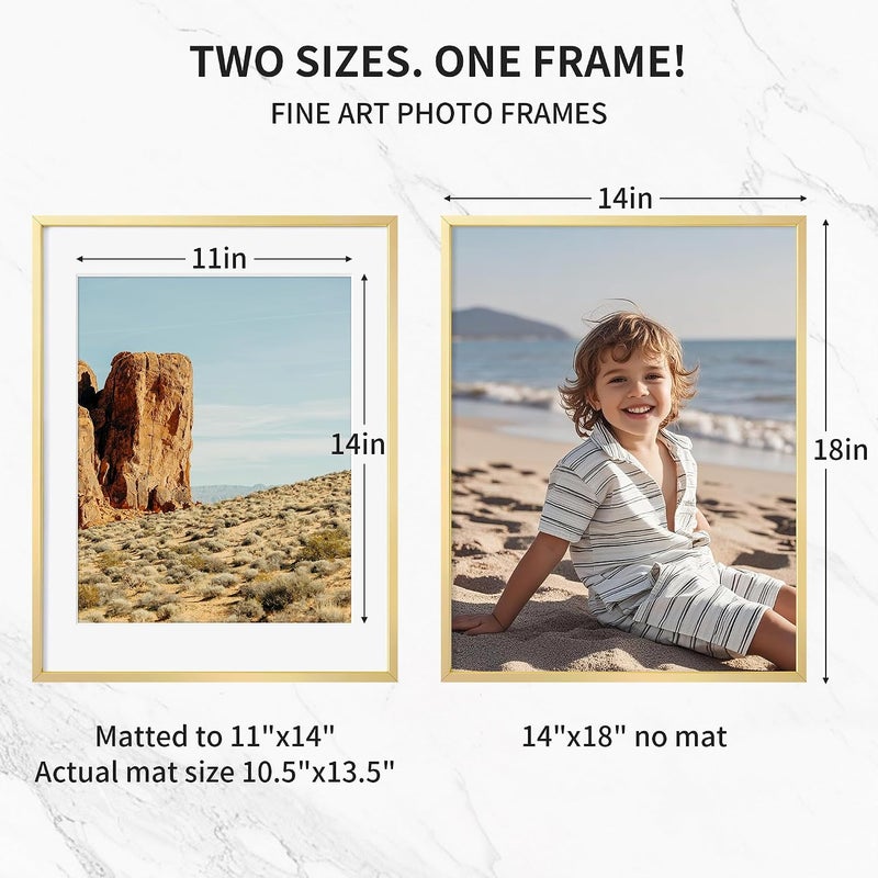 Fun Memories إطار صور معدني 14x18 مع حشوة 11x14، تشطيب ألومنيوم فرشاة، ملحقات تعليق مرفقة، وواجهة زجاج مقوى - إطارات عرض حائط متعددة الاستخدامات أفقية أو عمودية مجموعة من 1 - ذهبي - Image 3