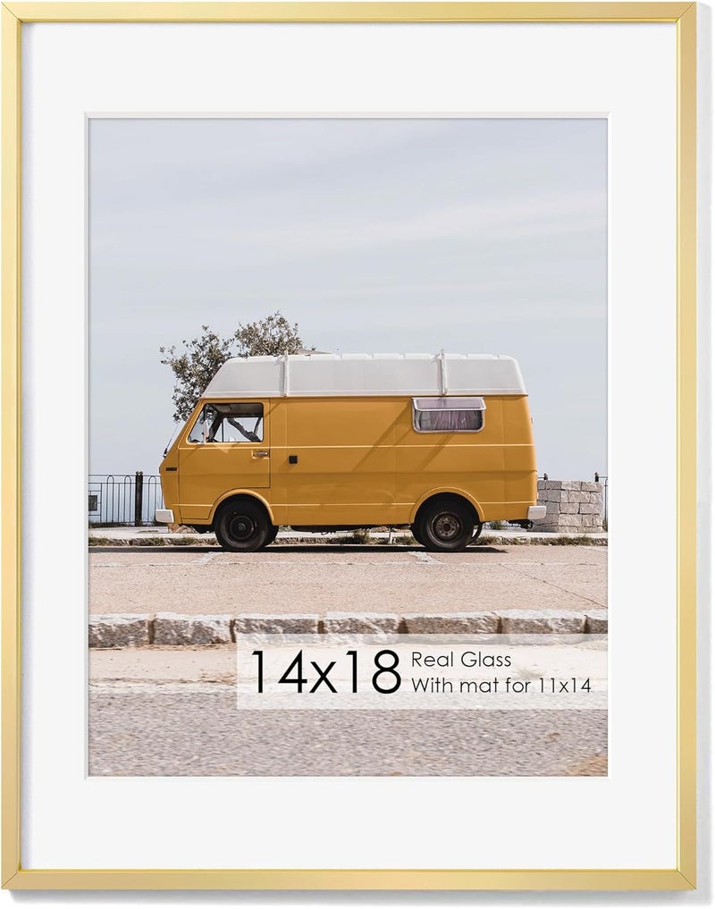 Fun Memories إطار صور معدني 14x18 مع حشوة 11x14، تشطيب ألومنيوم فرشاة، ملحقات تعليق مرفقة، وواجهة زجاج مقوى - إطارات عرض حائط متعددة الاستخدامات أفقية أو عمودية مجموعة من 1 - ذهبي - Image 1