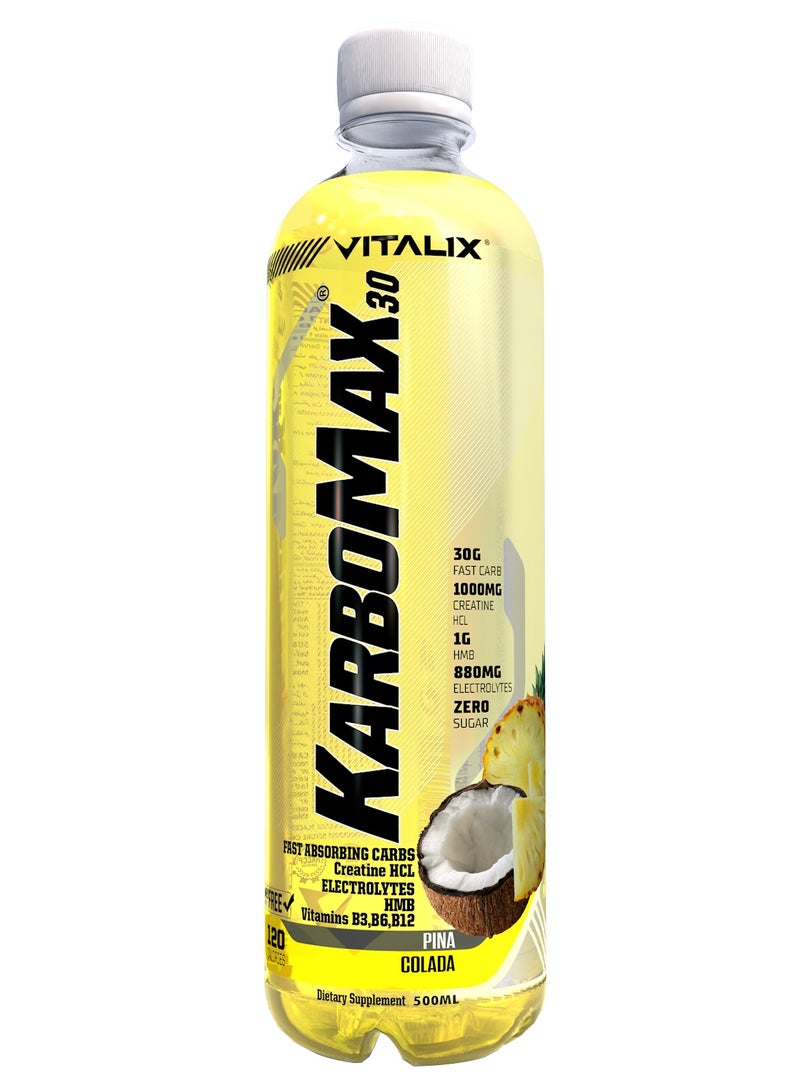 Vitalix KarboMax 30 Pina Colada - Fast Carb Weight Gain Drink with 30g Carbs, 1000mg HCL Creatine, 1g HMB, 880mg Electrolytes, Vitamins B, Zero Sugar, 500ml Pack of 12 - Image 2