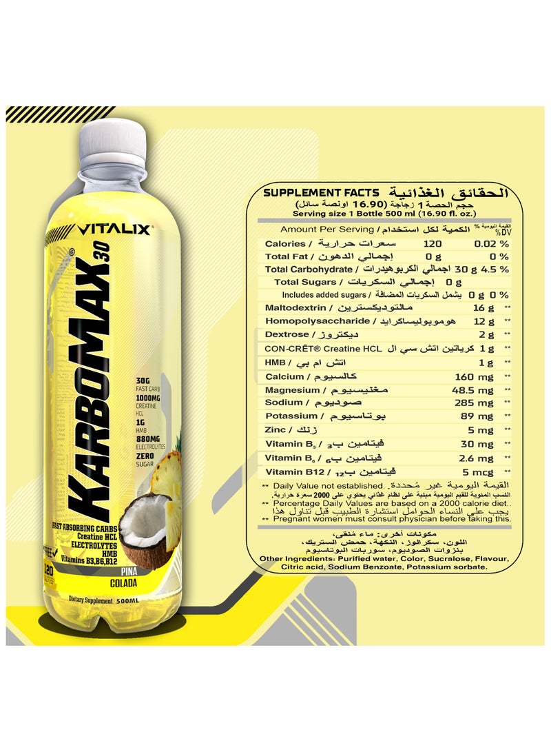 Vitalix KarboMax 30 Pina Colada - Fast Carb Weight Gain Drink with 30g Carbs, 1000mg HCL Creatine, 1g HMB, 880mg Electrolytes, Vitamins B, Zero Sugar, 500ml Pack of 12 - Image 4