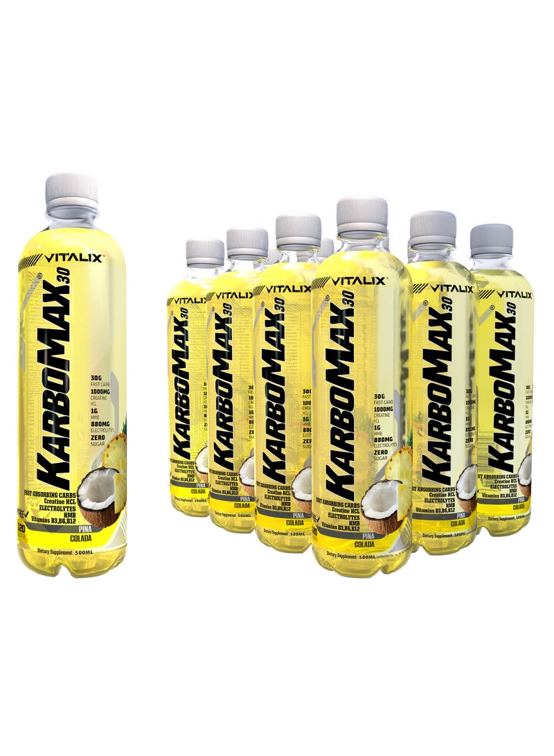 Vitalix KarboMax 30 Pina Colada - Fast Carb Weight Gain Drink with 30g Carbs, 1000mg HCL Creatine, 1g HMB, 880mg Electrolytes, Vitamins B, Zero Sugar, 500ml Pack of 12 - Image 1