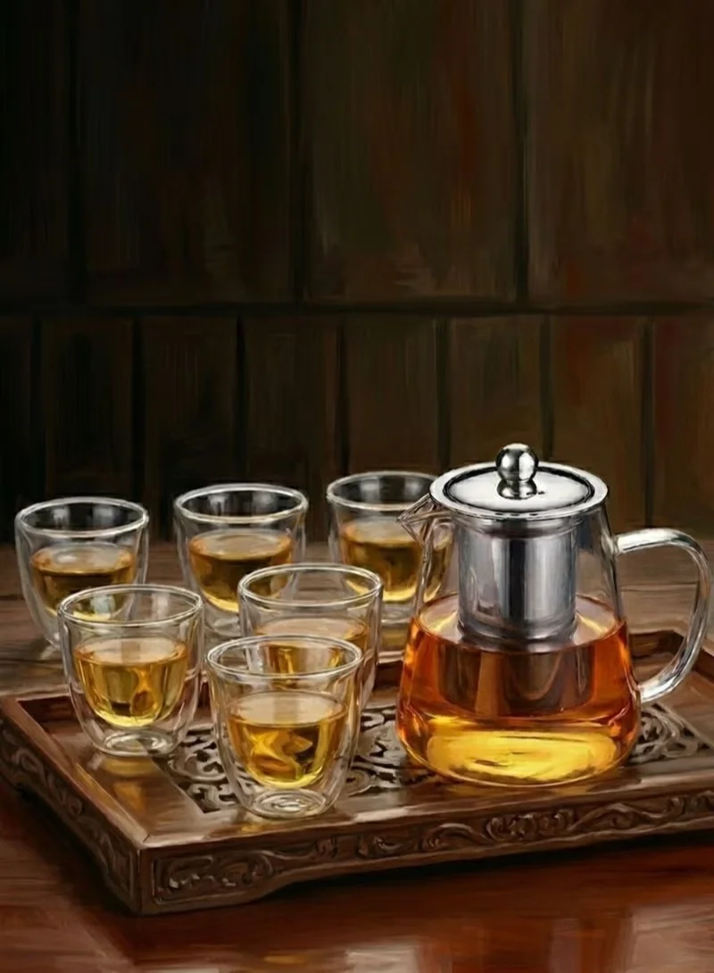 1Chase 950ml Teaset Borosilicate Glass Teapot with Infuser (950 ML) & Double Wall Tea Coffee Cups (Set of 6, 80 ML) - Clear Glass Drinkware for Espresso, Americano, Loose Leaf & Blooming Tea Maker  | Best Price UAE