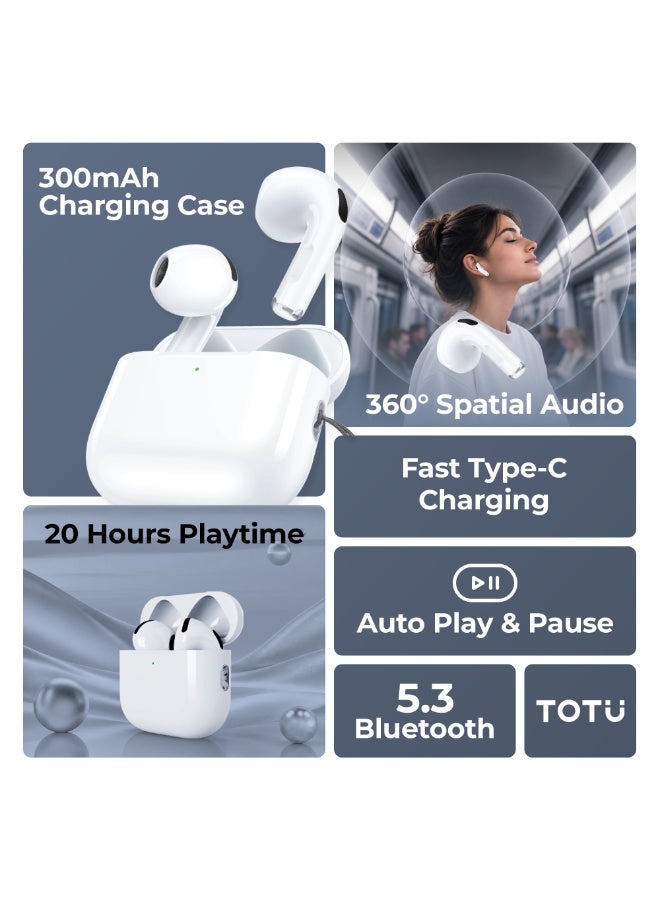 Totu Wireless Earphone, Bluetooth v5.3, Type-C and 5W Wireless Charging, 20Hrs Playtime, High Fidelity 360 Degree Special Audio, 300mAh Battery Capacity, PC+ABS Material, Include Lanyard, White - Image 2
