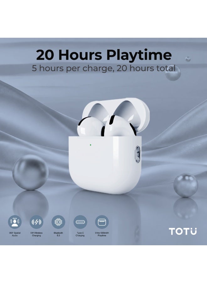 Totu Wireless Earphone, Bluetooth v5.3, Type-C and 5W Wireless Charging, 20Hrs Playtime, High Fidelity 360 Degree Special Audio, 300mAh Battery Capacity, PC+ABS Material, Include Lanyard, White - Image 3