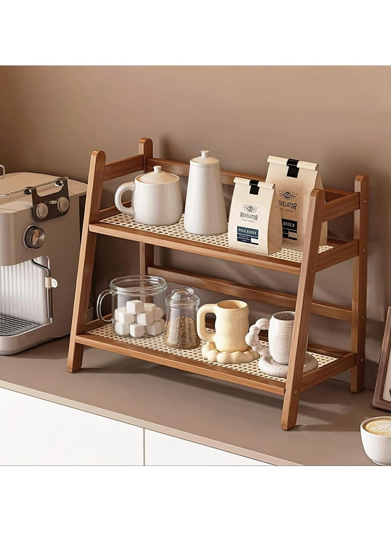 Arabest Wicker-Look Coffee Station Organizer, Bamboo Mug Holder Countertop, Kitchen Counter Shelf for Tea Coffee Bar Accessories, Matcha Stand, Cup Display, Condiment Storage Rack, 2 Tier, Brown - Image 1