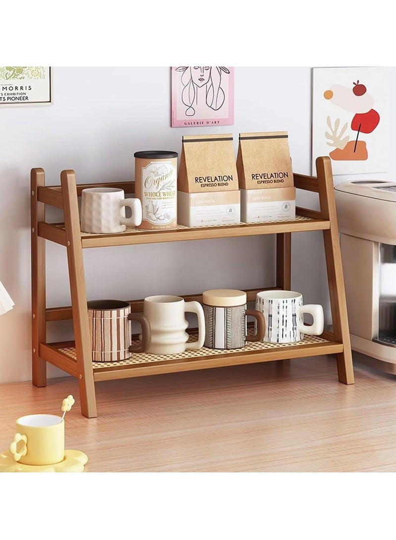 Arabest Wicker-Look Coffee Station Organizer, Bamboo Mug Holder Countertop, Kitchen Counter Shelf for Tea Coffee Bar Accessories, Matcha Stand, Cup Display, Condiment Storage Rack, 2 Tier, Brown - Image 5