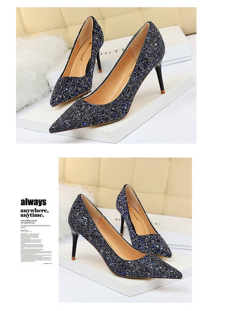 BIGTREE 7.5CM European-Style Women's Shallow Mouth Pointy Glitter Slim Heels Blue - Image 2
