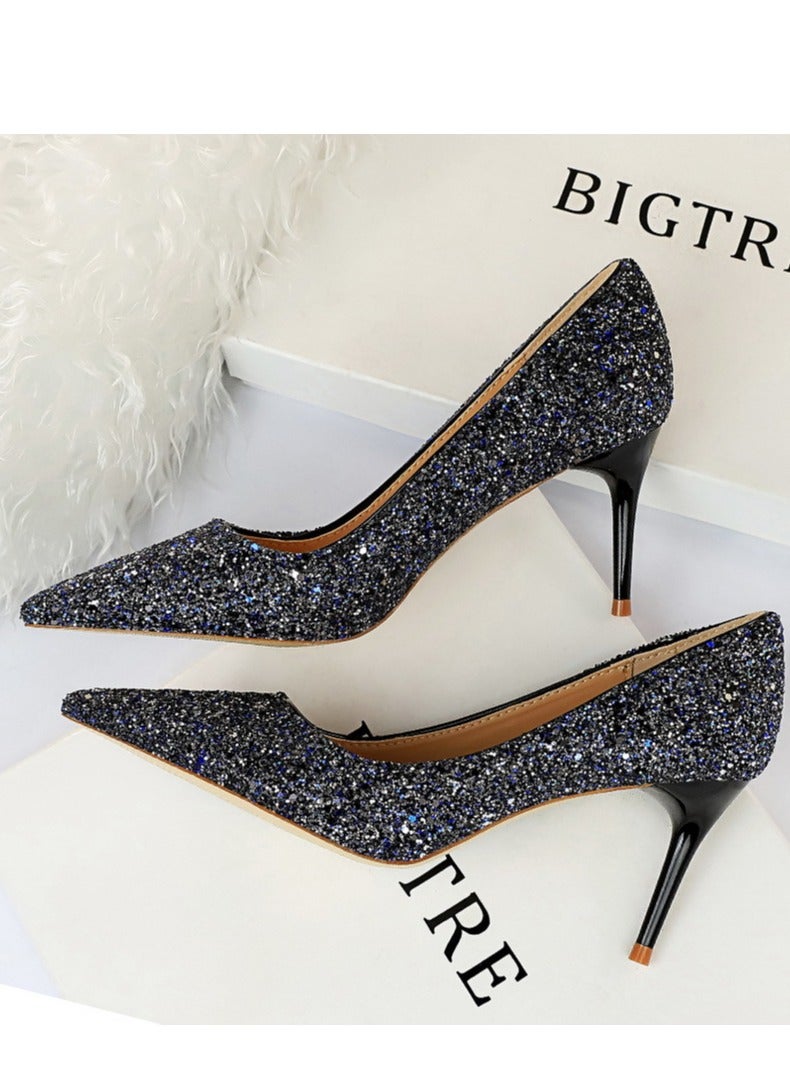 BIGTREE 7.5CM European-Style Women's Shallow Mouth Pointy Glitter Slim Heels Blue - Image 1