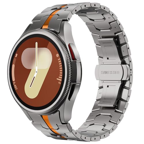 WINGLE Metal Bands for Samsung Galaxy Watch 7 6 5 4 Band Galaxy Watch 6 Classic/5 Pro/4 Classic/FE Band Men 47mm 43mm 45mm 44mm 40mm 46mm 42mm No Gap Solid Stainless Steel Link, Titanium/Orange - Image 2