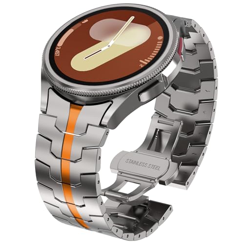 WINGLE Metal Bands for Samsung Galaxy Watch 7 6 5 4 Band Galaxy Watch 6 Classic/5 Pro/4 Classic/FE Band Men 47mm 43mm 45mm 44mm 40mm 46mm 42mm No Gap Solid Stainless Steel Link, Titanium/Orange - Image 1