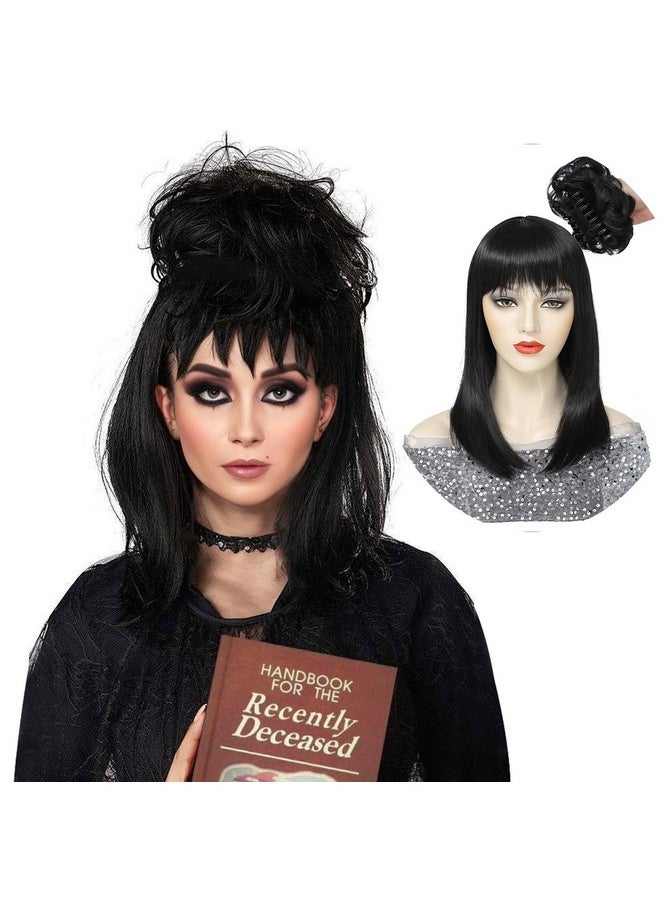 مِيلِيبْرُوتِيا باروكة شعر مستعار أسود من meiliprotea Gothic Bride مع كعكة من Lydia Deetz Cosplay Halloween باروكة شعر مستعار صناعي مستقيم بطول الكتف مع كعكة منفوشة للنساء لحفلات الهالوين التنكرية  - Image 1