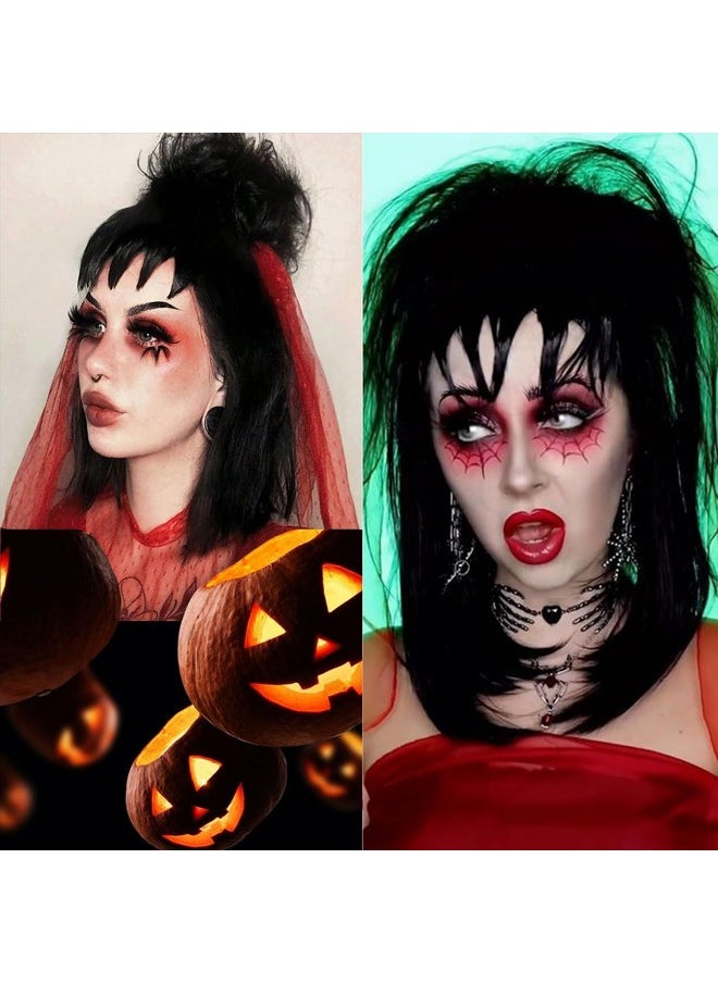 مِيلِيبْرُوتِيا باروكة شعر مستعار أسود من meiliprotea Gothic Bride مع كعكة من Lydia Deetz Cosplay Halloween باروكة شعر مستعار صناعي مستقيم بطول الكتف مع كعكة منفوشة للنساء لحفلات الهالوين التنكرية  - Image 4