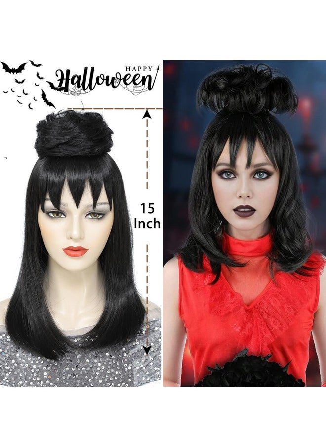 مِيلِيبْرُوتِيا باروكة شعر مستعار أسود من meiliprotea Gothic Bride مع كعكة من Lydia Deetz Cosplay Halloween باروكة شعر مستعار صناعي مستقيم بطول الكتف مع كعكة منفوشة للنساء لحفلات الهالوين التنكرية  - Image 2