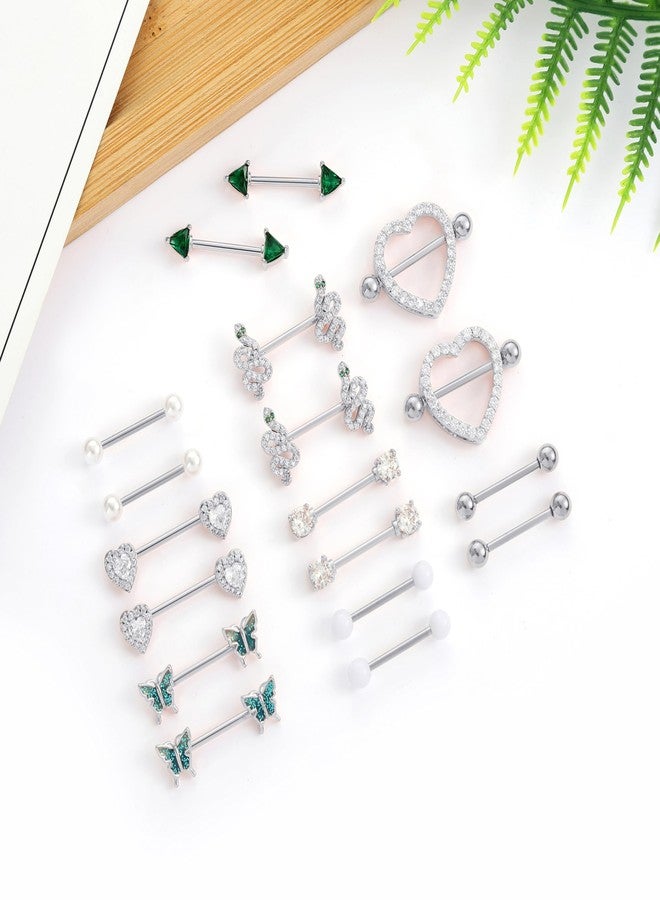 تورنيتو مجموعة تورنيتو من 9 أزواج من حلقات اللسان، مصنوعة من الفولاذ المقاوم للصدأ عيار 14، بتصميمات على شكل قلب، فراشة، ثعبان، كرة، زمرد، مثلث، زركونيا مكعبة. مجوهرات ثقب الجسم لطيفة للنساء، مقاس 16 مم، لون فضي. - Image 3