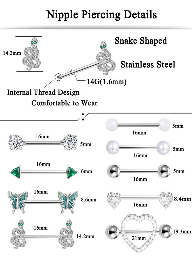تورنيتو مجموعة تورنيتو من 9 أزواج من حلقات اللسان، مصنوعة من الفولاذ المقاوم للصدأ عيار 14، بتصميمات على شكل قلب، فراشة، ثعبان، كرة، زمرد، مثلث، زركونيا مكعبة. مجوهرات ثقب الجسم لطيفة للنساء، مقاس 16 مم، لون فضي. - Image 2
