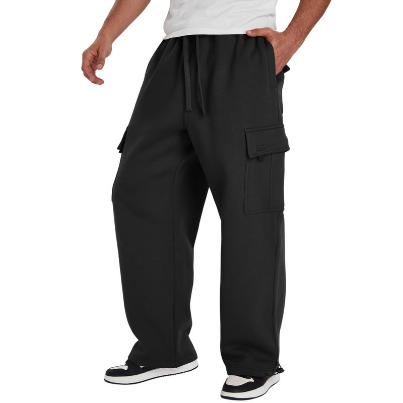 LETAOTAO Mens Heavyweight Fleece Cargo Sweatpants - Baggy Fit Thick Cotton-Blend Fleece Cargo Pants with Adjustable Ankle Drawstring (Black, L) - Image 3