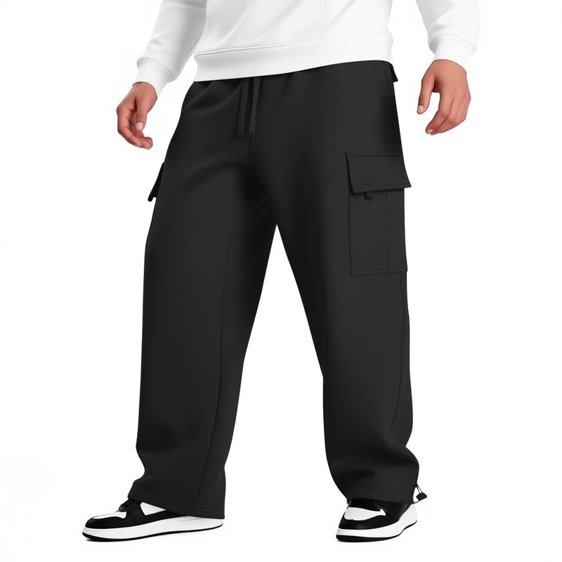 LETAOTAO Mens Heavyweight Fleece Cargo Sweatpants - Baggy Fit Thick Cotton-Blend Fleece Cargo Pants with Adjustable Ankle Drawstring (Black, L) - Image 1