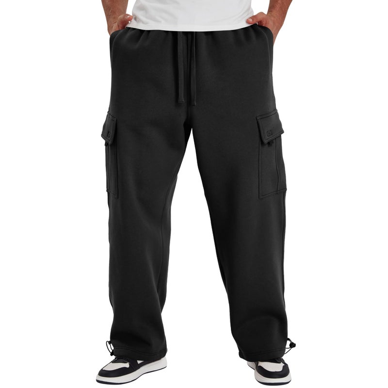 LETAOTAO Mens Heavyweight Fleece Cargo Sweatpants - Baggy Fit Thick Cotton-Blend Fleece Cargo Pants with Adjustable Ankle Drawstring (Black, L) - Image 2