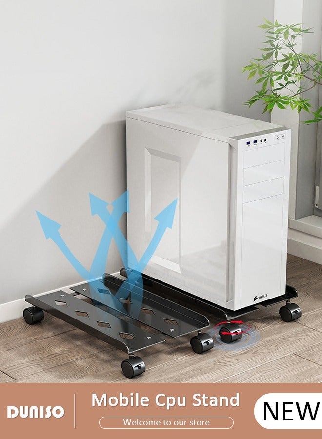 DUNISO Adjustable CPU Stand, Metal Mobile PC Rack,Hollow Cooling Pc Host Tower Stand, CPU Bracket cart with Wheels，Desktop PC Host Base Tray,Movable Pulley Chassis Shelf, Computer Tower Stand, CPU Holder Stand for Home, Office - Image 1