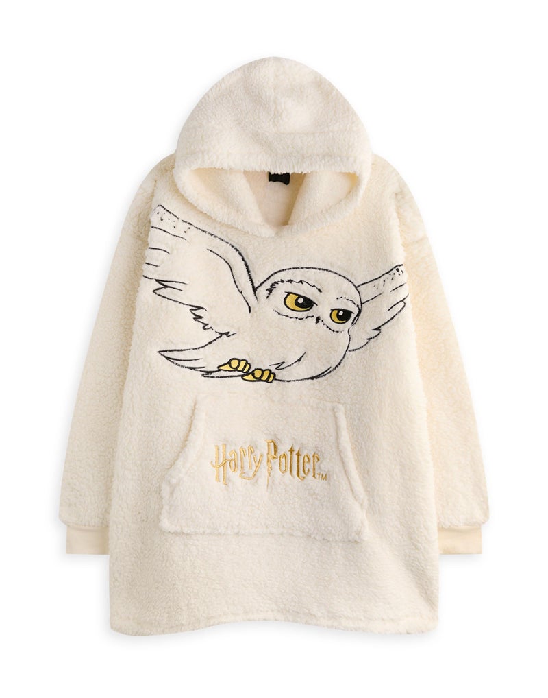 Harry Potter Wearable Blanket Hoodie | Adults Fluffy Fleece Hooded Loungewear Icons and Logo | Sherpa with Big Pocket Beige - Image 1