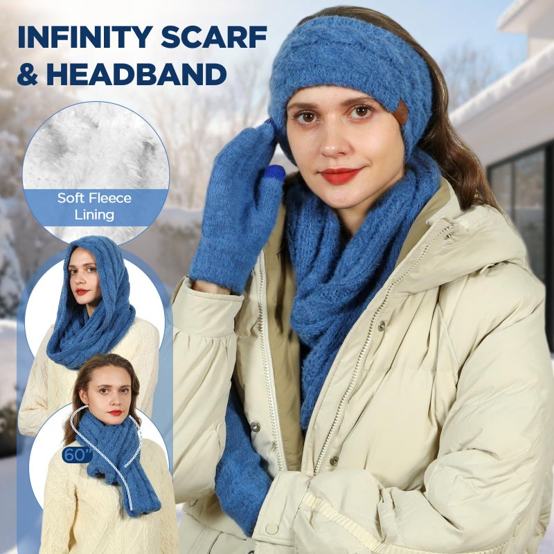 Goocoz Womens Beanie Hat Infinity Scarf Touchscreen Gloves Fleece Headband 4 in 1 Winter Clothes Set Gifts for Women Blue - Image 3