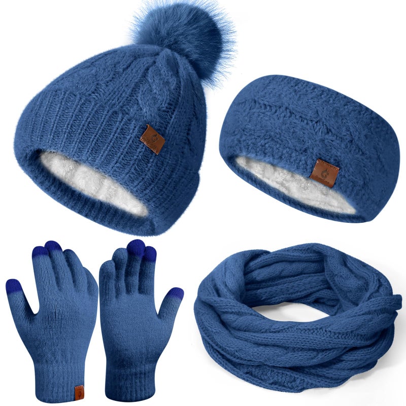 Goocoz Womens Beanie Hat Infinity Scarf Touchscreen Gloves Fleece Headband 4 in 1 Winter Clothes Set Gifts for Women Blue - Image 1