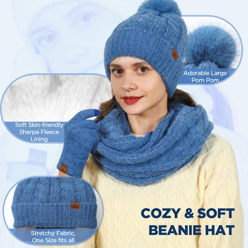 Goocoz Womens Beanie Hat Infinity Scarf Touchscreen Gloves Fleece Headband 4 in 1 Winter Clothes Set Gifts for Women Blue - Image 2